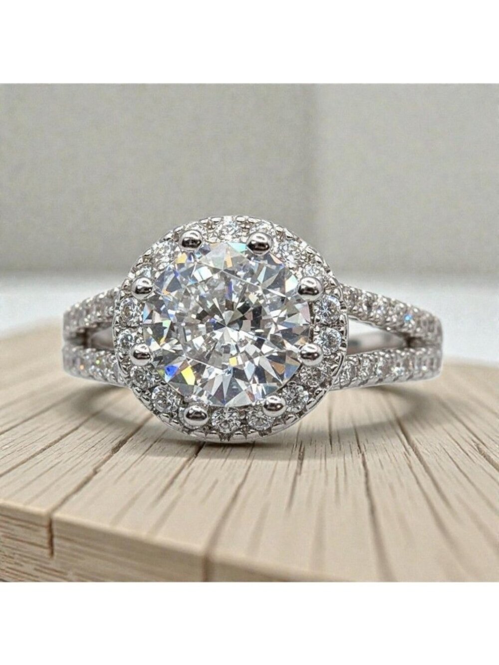 2 Carat Moissanite Sterling Silver Halo Ring Split Shank Design Sz 7 Tested NWT